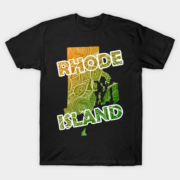 Colorful mandala art map of Rhode Island with text in green and orange T-Shirt by Happy Citizen